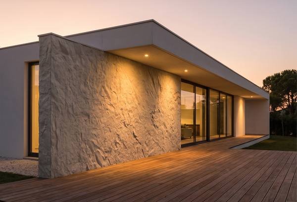 Fachada revestida com painel Roca, ao anoitecer
